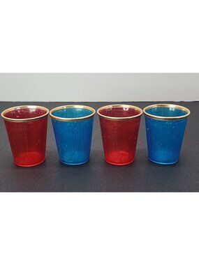 Vintage KK Plastic Shot Glasses Retro Red and Blue Made in Hong Kong - Lot of 4